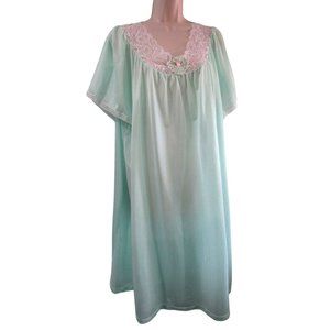 Sears Carriage Court Mint Green Short Night Gown Lace Trim Damask Stripe One Sz